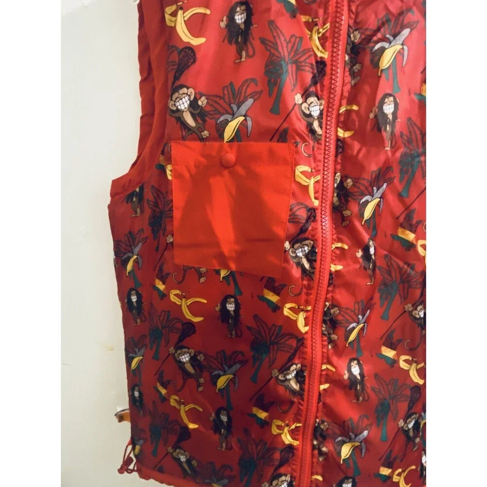 Flow Society Lacrosse Puffer Vest Boys Youth Size L Red Yellow Monkeys Graphics